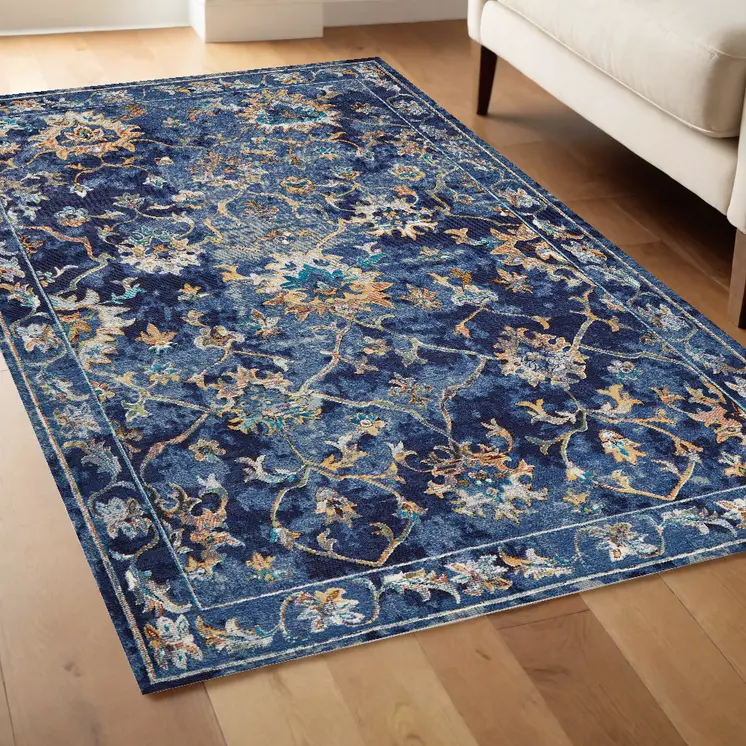 4' X 6' Blue and Gold Jacobean Area Rug