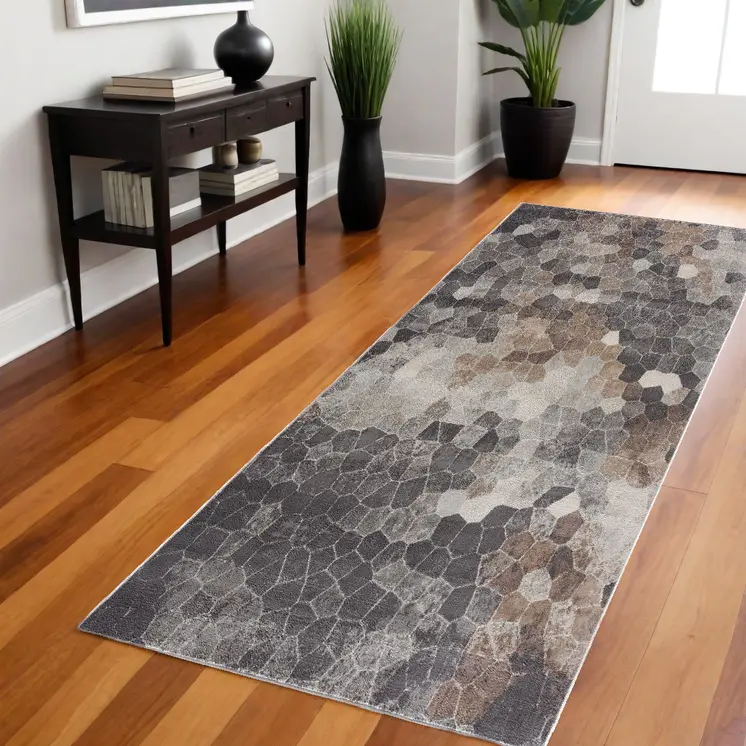 8' Beige And Gray Cobblestone Distressed Runner Rug