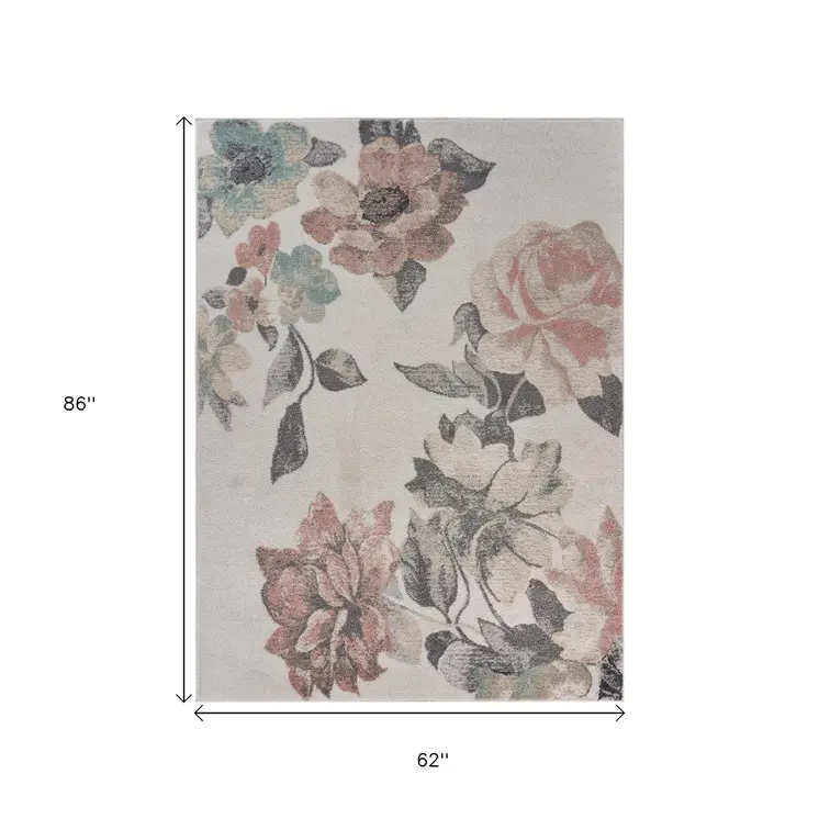 5' X 7' Ivory Blooming Rose Area Rug