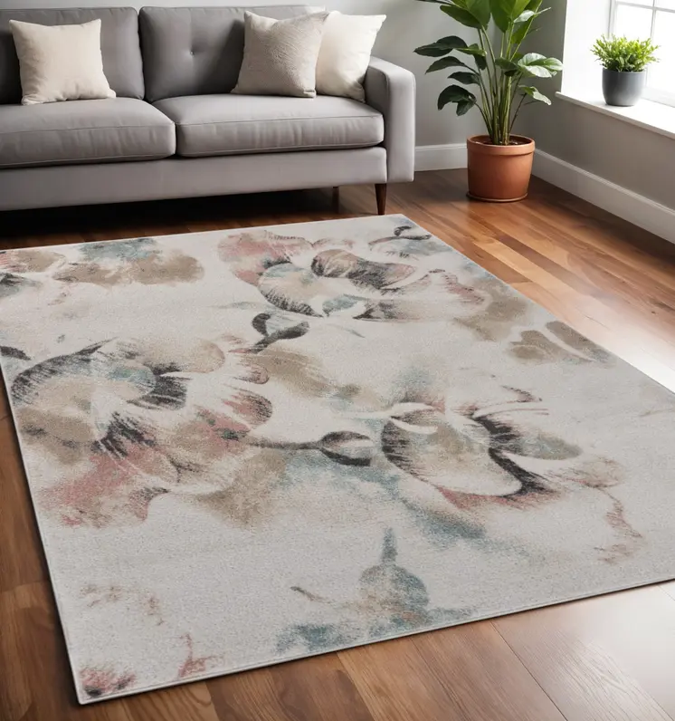 5' X 7' Ivory Soft Floral Artwork Area Rug