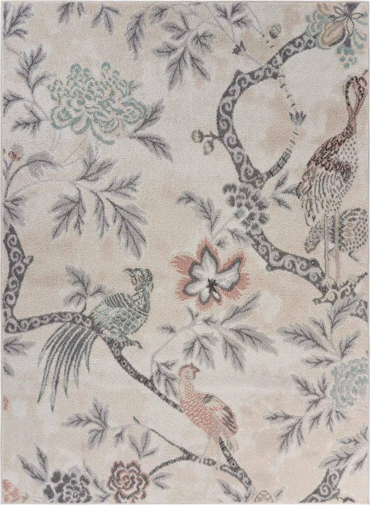 5' X 7' Soft Beige Birds and Trees Area Rug
