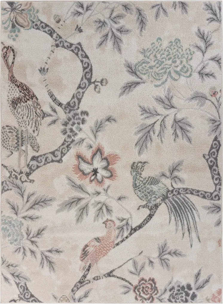 5' X 7' Soft Beige Birds and Trees Area Rug