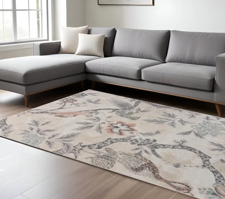 8' X 10' Soft Beige Birds and Trees Area Rug