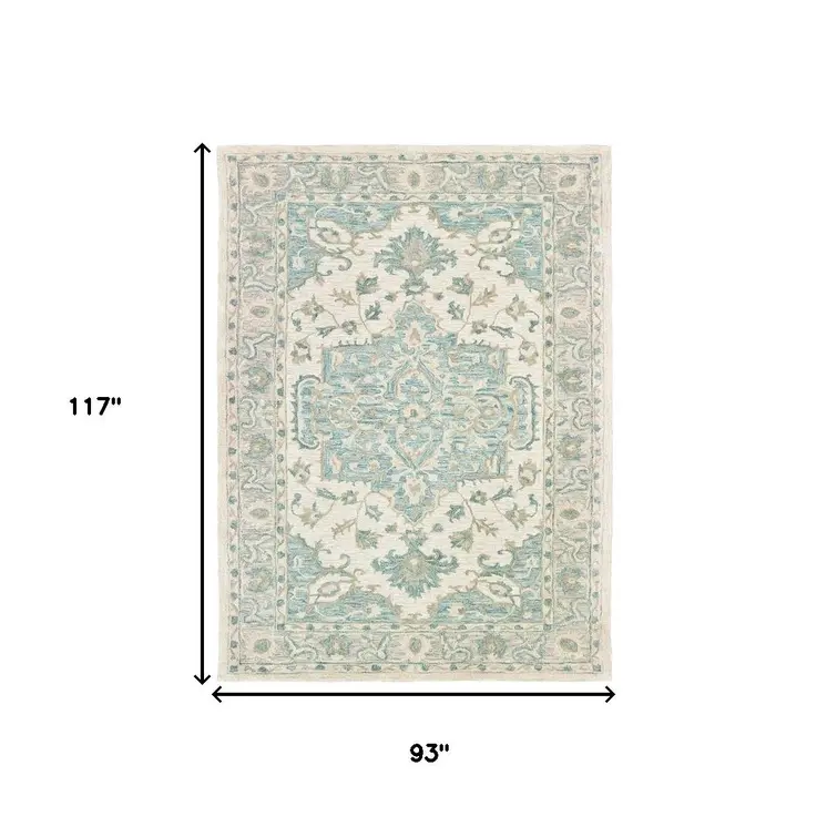 8' X 10' Turquoise and Cream Medallion Area Rug