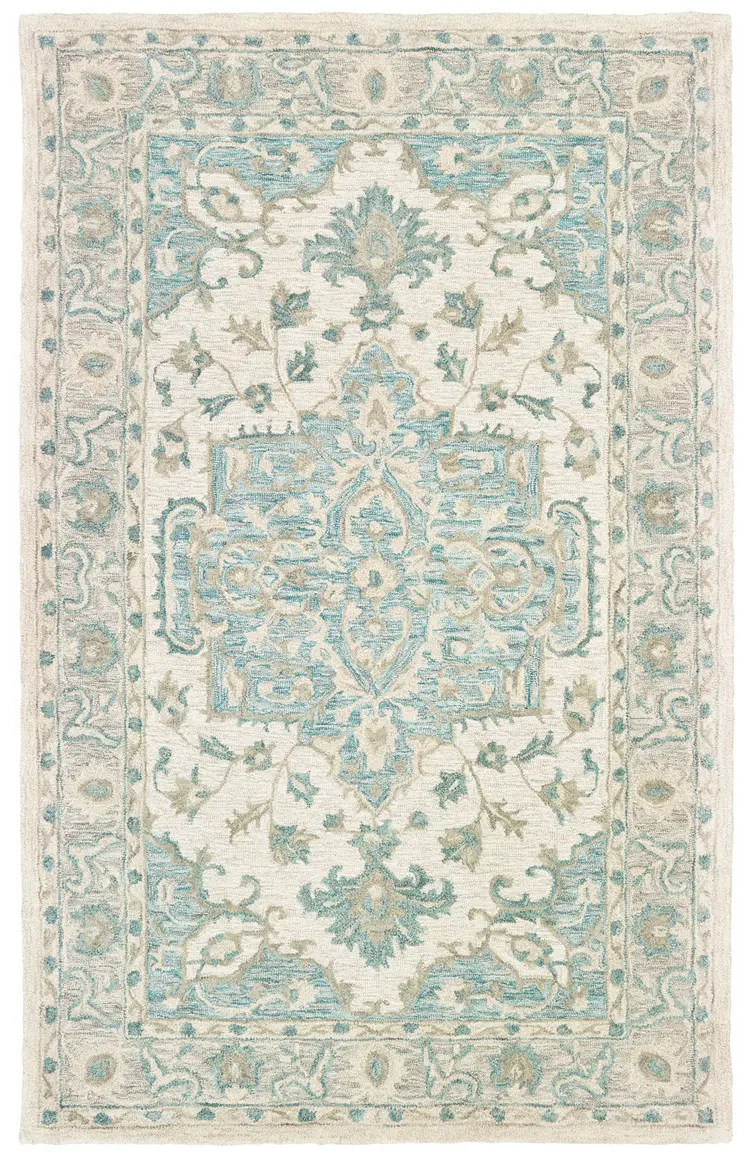 8' X 10' Turquoise and Cream Medallion Area Rug