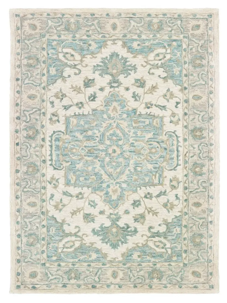 9' X 12' Turquoise and Cream Medallion Area Rug