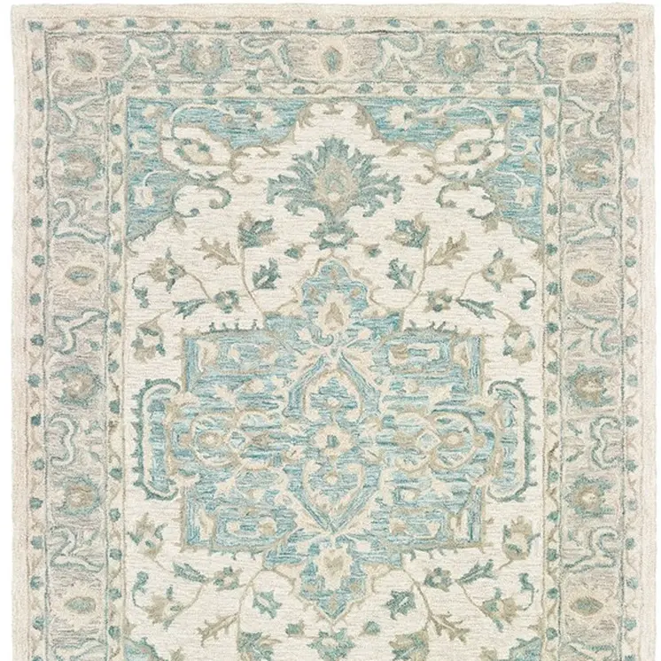 9' X 12' Turquoise and Cream Medallion Area Rug