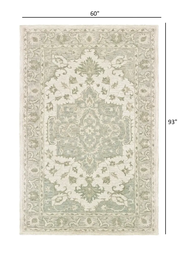 5' X 8' Green and Cream Medallion Area Rug
