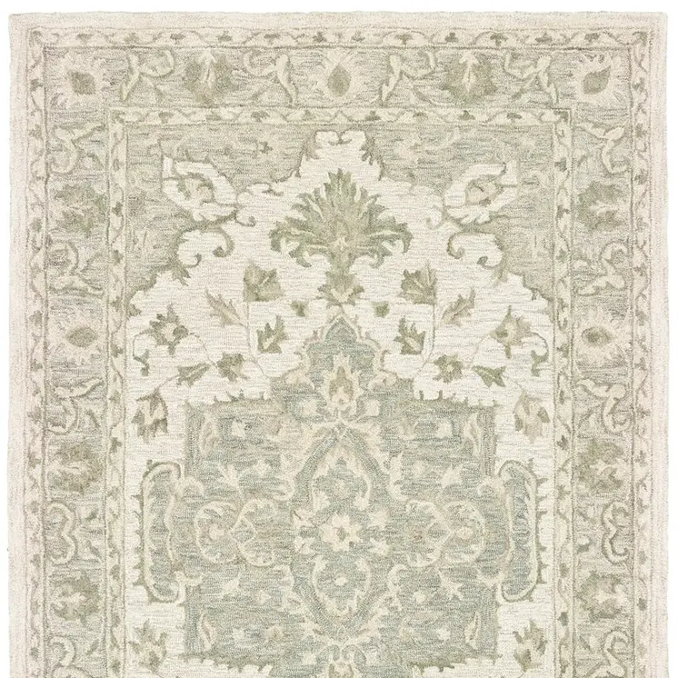 5' X 8' Green and Cream Medallion Area Rug