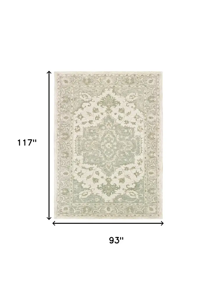 8' X 10' Green and Cream Medallion Area Rug