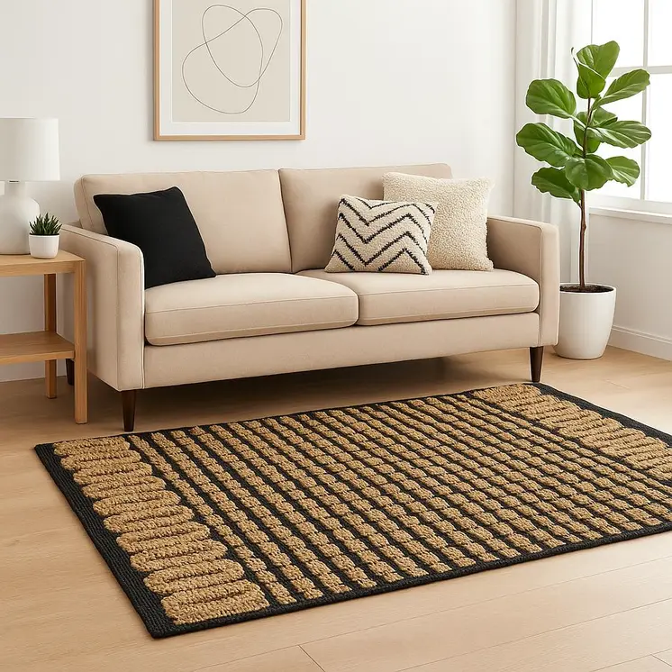 5' X 7' Tan And Black Jute Hand Woven Area Rug