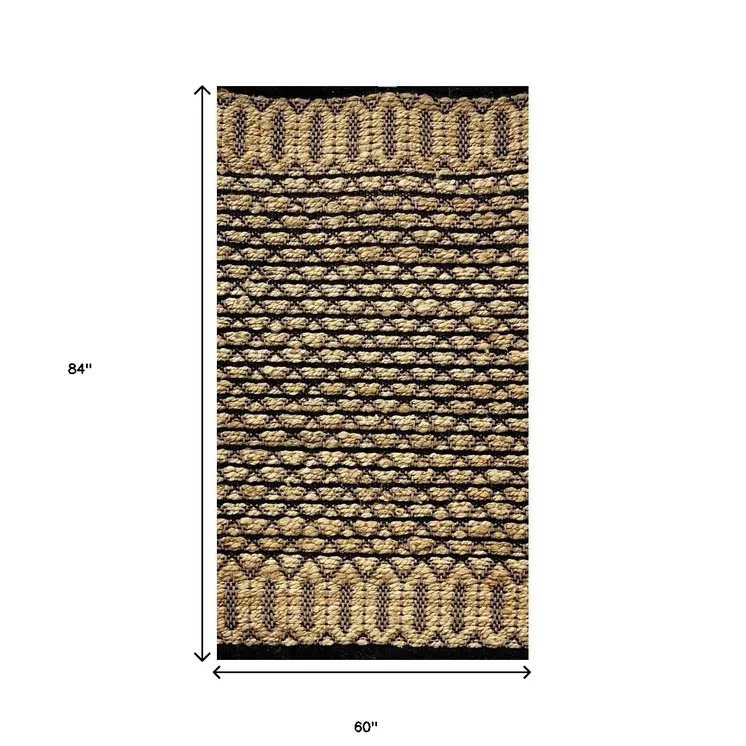 5' X 7' Tan And Black Jute Hand Woven Area Rug