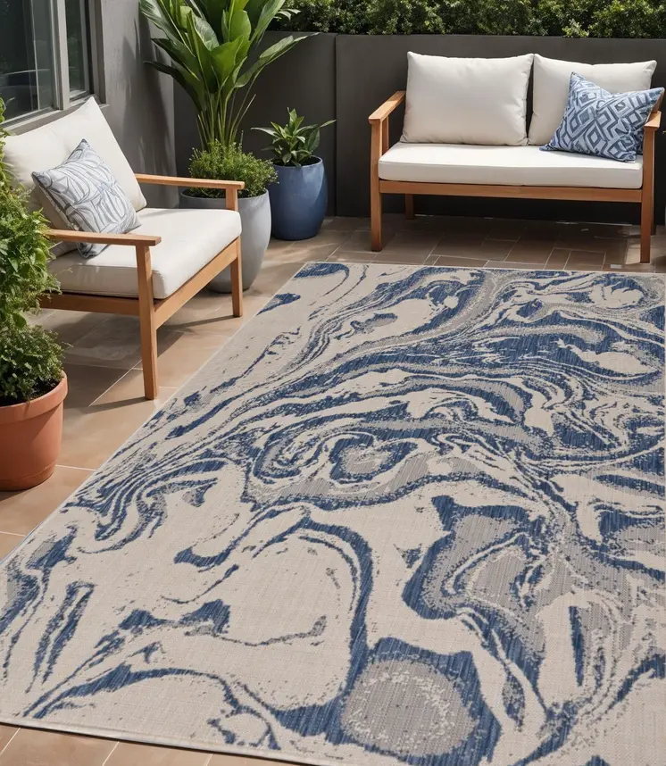 5' X 7' Blue And Gray Indoor Outdoor Area Rug
