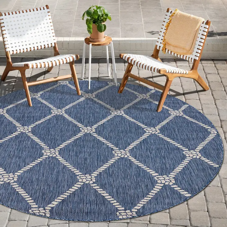 8' Blue And Gray Round Indoor Outdoor Area Rug