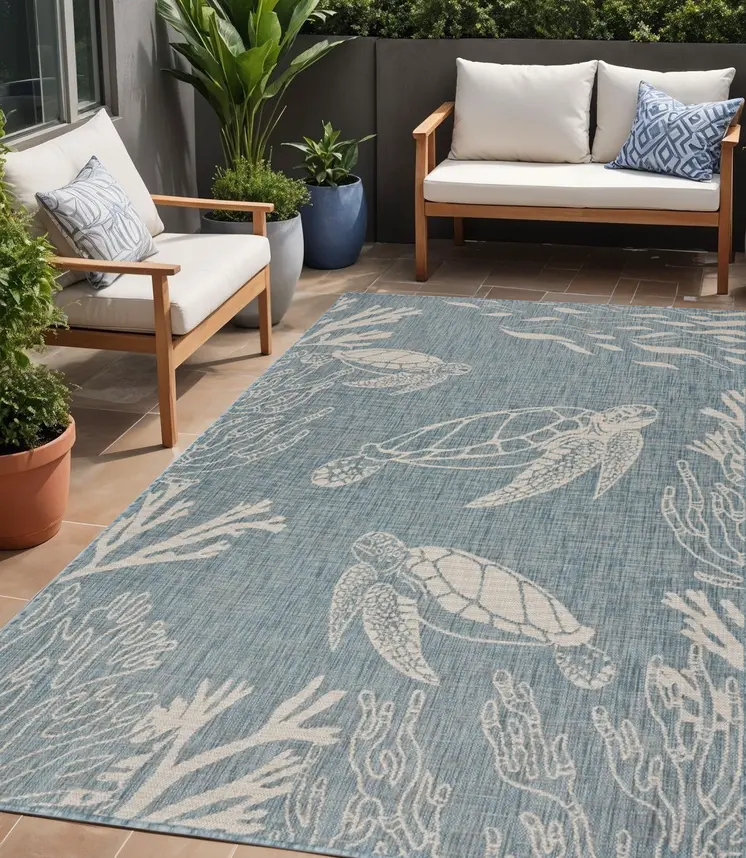 5' X 7' Blue And Gray Indoor Outdoor Area Rug