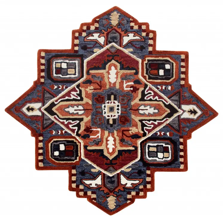 7' X 7' Blue And Red Wool Hand Tufted Area Rug