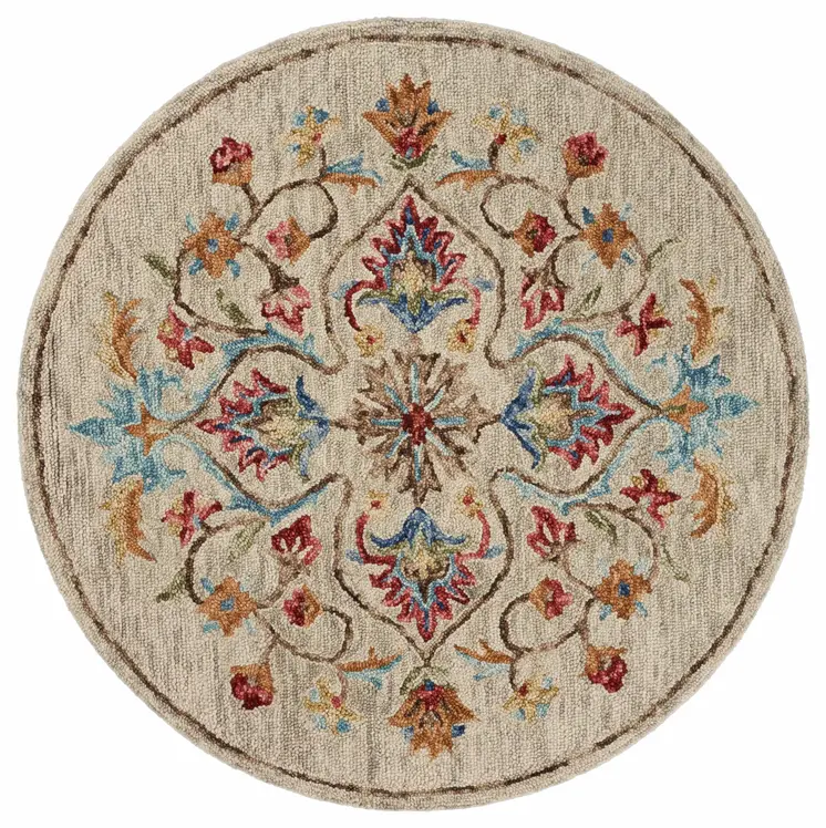 4' Round Beige Floral Medallion Area Rug