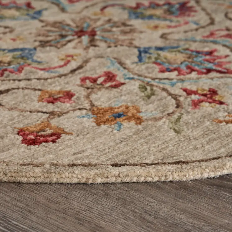 4' Round Beige Floral Medallion Area Rug