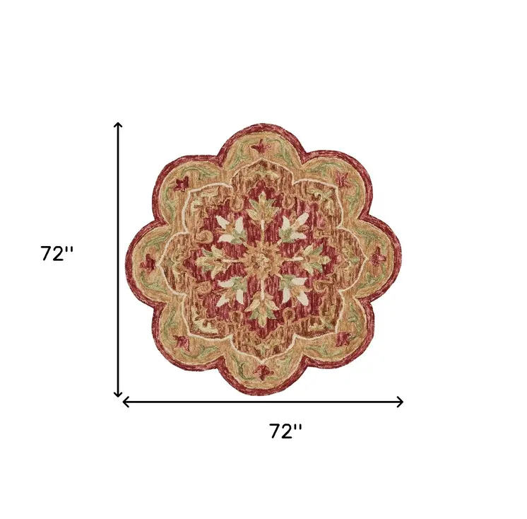 6' Round Rustic Red Scalloped Edge Area Rug
