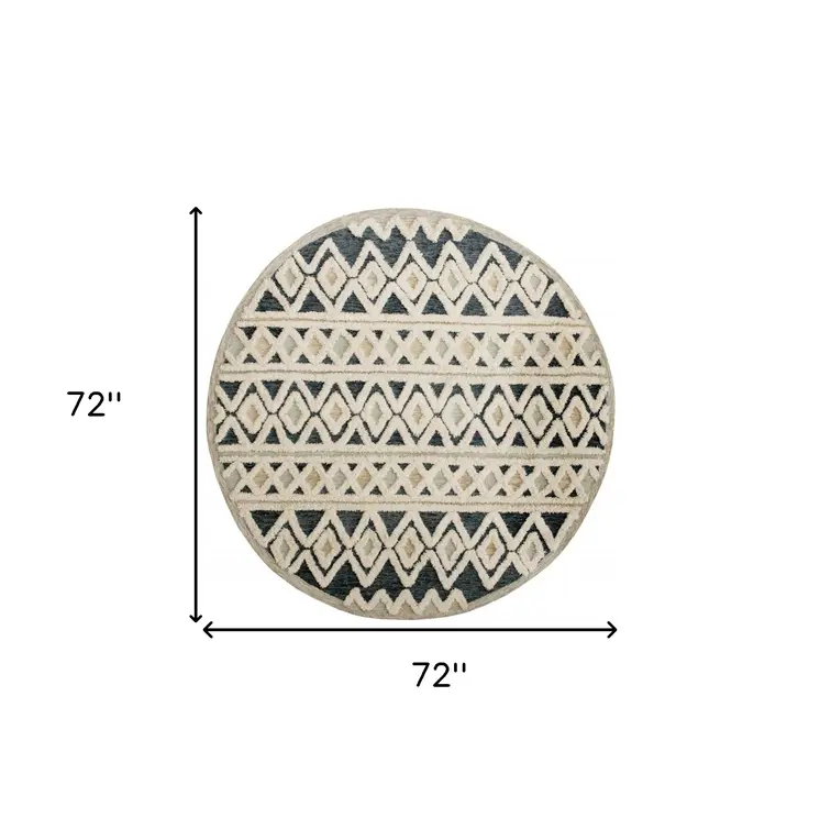 6' Round Blue and Cream Striped Diamonds Area Rug