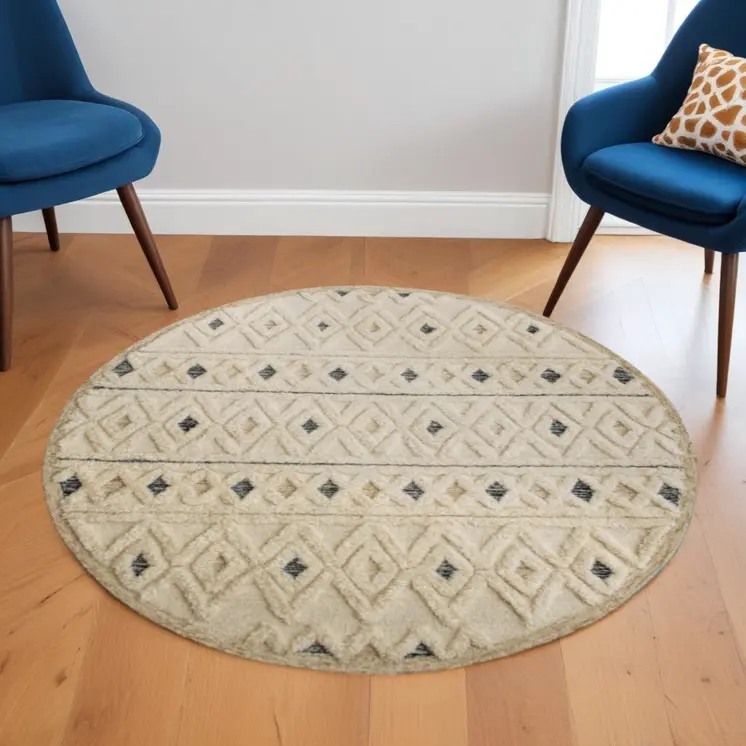 6' Round Cream and Blue Striped Diamonds Area Rug