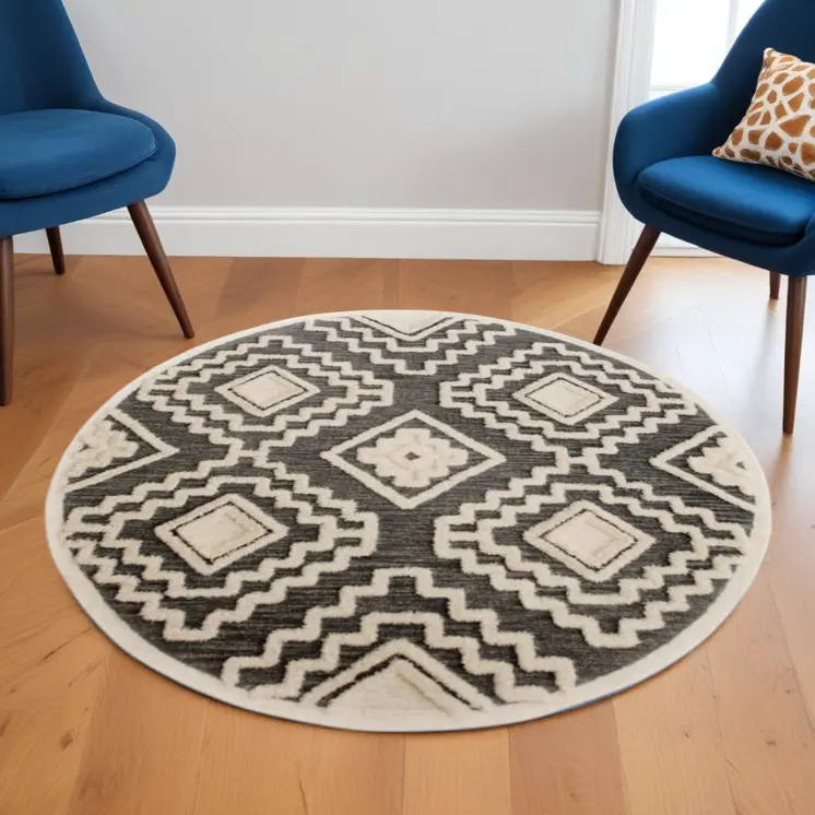 6' Round Gray and Cream Geometric Area Rug