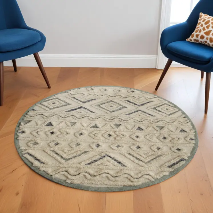 6' Round Cream Modern Geometric Area Rug
