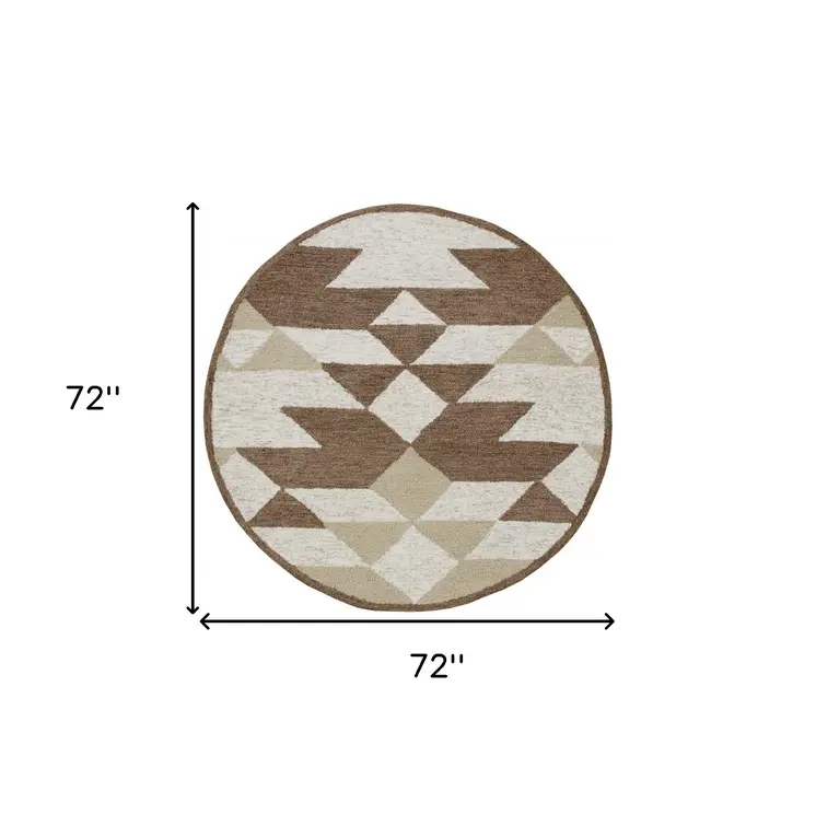 6' Brown And Ivory Round Wool Hand Tufted Area Rug