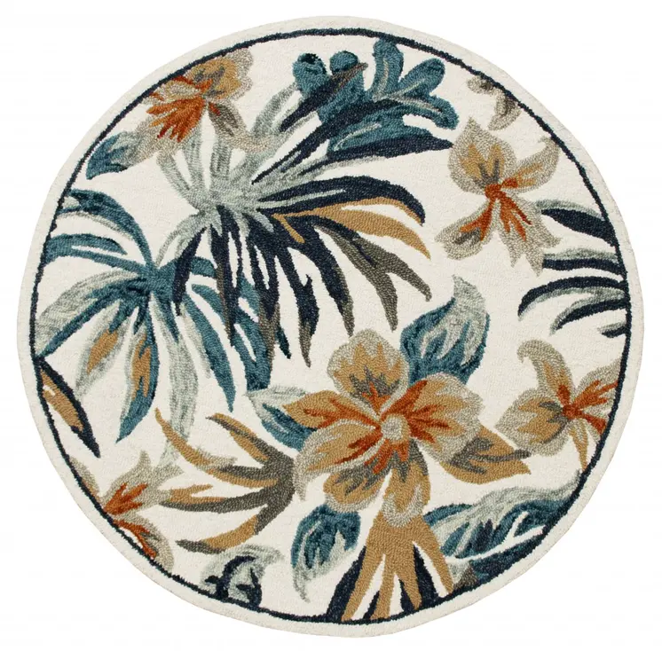 4' Round Blue and White Tropical Area Rug