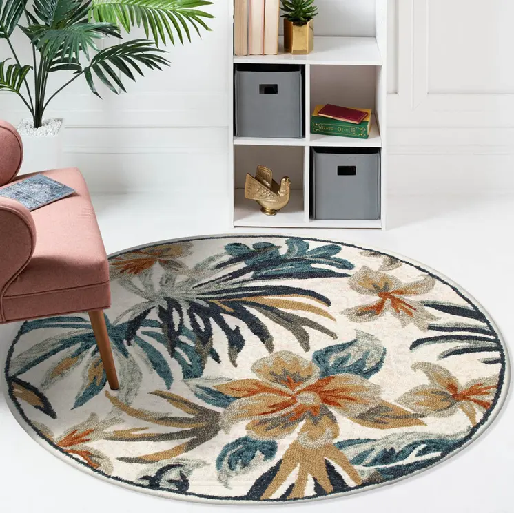 4' Round Blue and White Tropical Area Rug