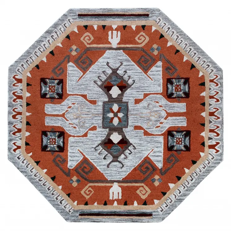 6' Blue And Red Wool Hand Tufted Octagon Rug