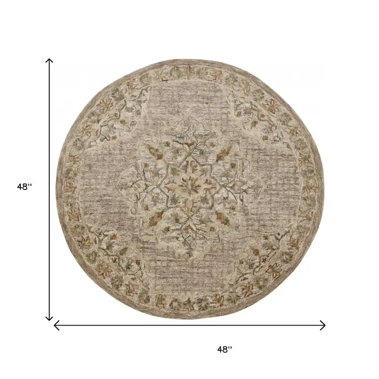 4' Round Beige Distressed Medallion Area Rug