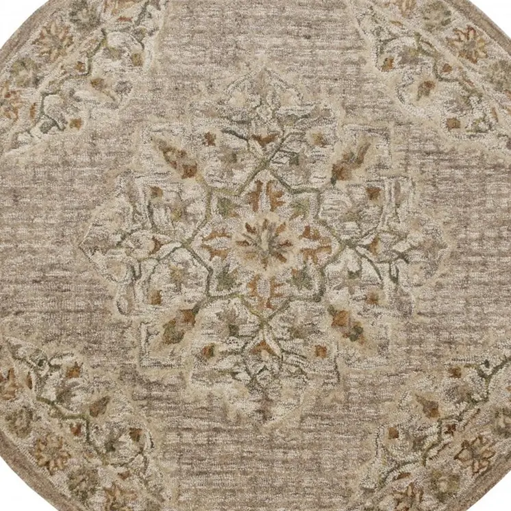4' Round Beige Distressed Medallion Area Rug