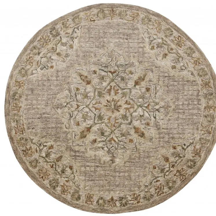 4' Round Beige Distressed Medallion Area Rug