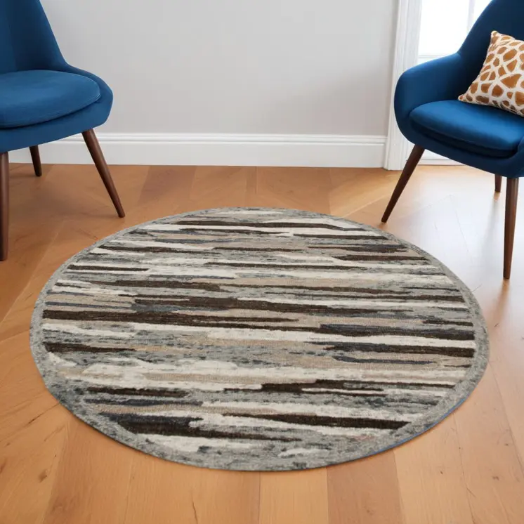 6' Gray And Brown Round Wool Hand Tufted Area Rug