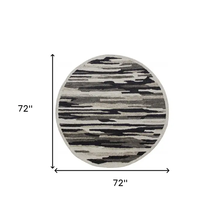 6' Black And Gray Round Wool Hand Tufted Area Rug