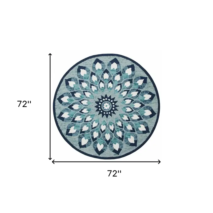 6' Blue And White Round Wool Hand Tufted Area Rug