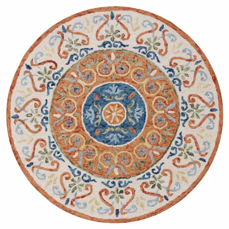 4' Round Orange Traditional Medallion Area Rug