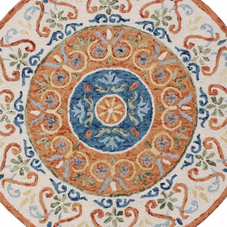 4' Round Orange Traditional Medallion Area Rug