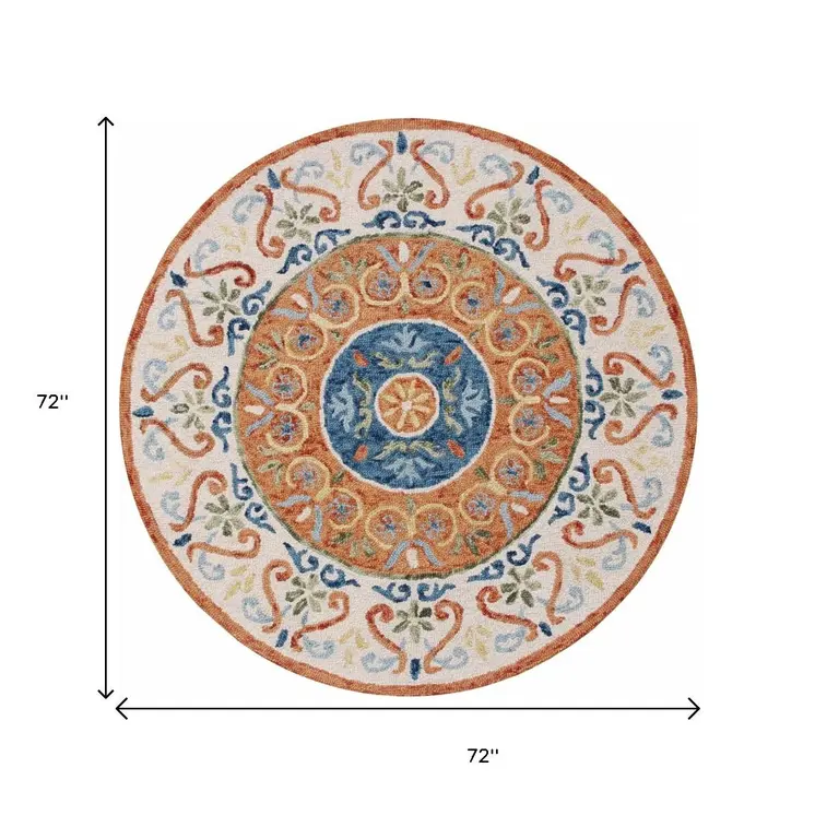 6' Round Orange Traditional Medallion Area Rug
