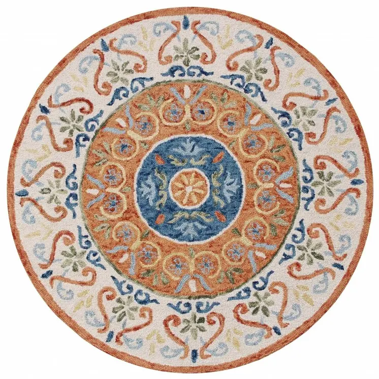 6' Round Orange Traditional Medallion Area Rug