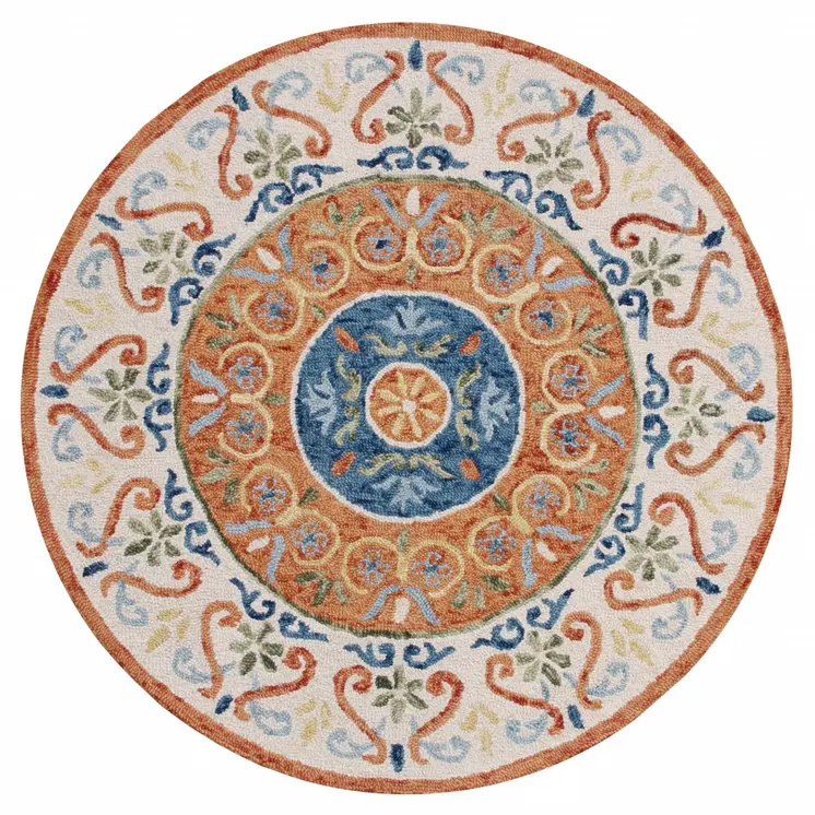 6' Round Orange Traditional Medallion Area Rug
