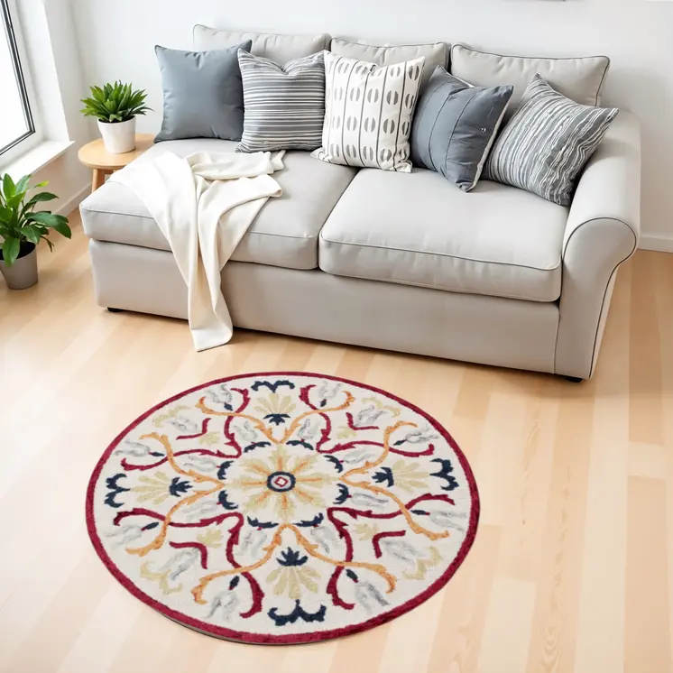 4' Round Red and Ivory Floral Filigree Area Rug