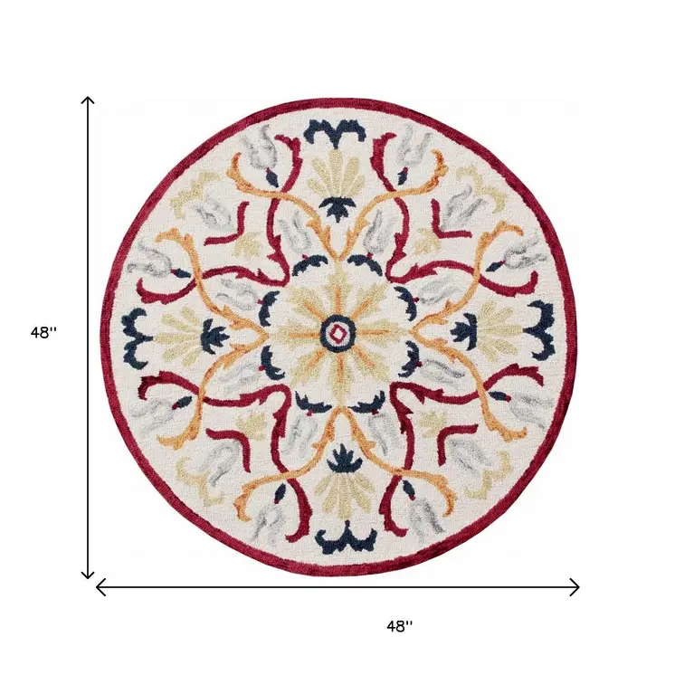 4' Round Red and Ivory Floral Filigree Area Rug