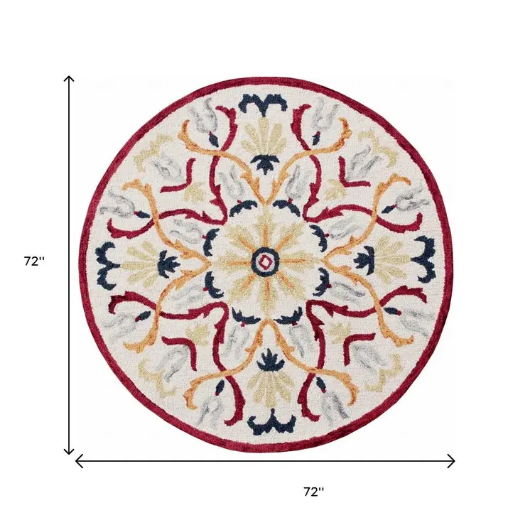 6' Red And Ivory Round Wool Hand Tufted Area Rug