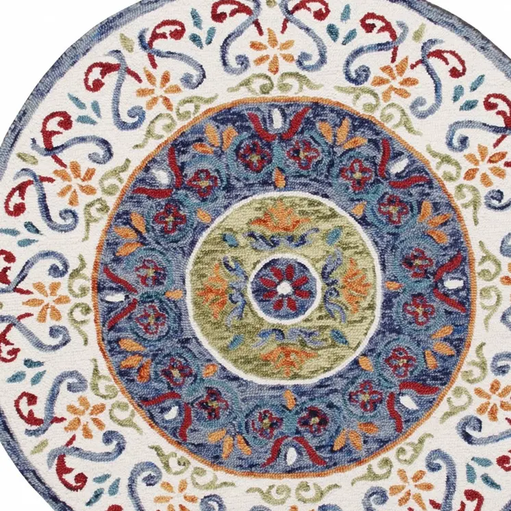 4' Round Blue and White Ornate Medallion Area Rug