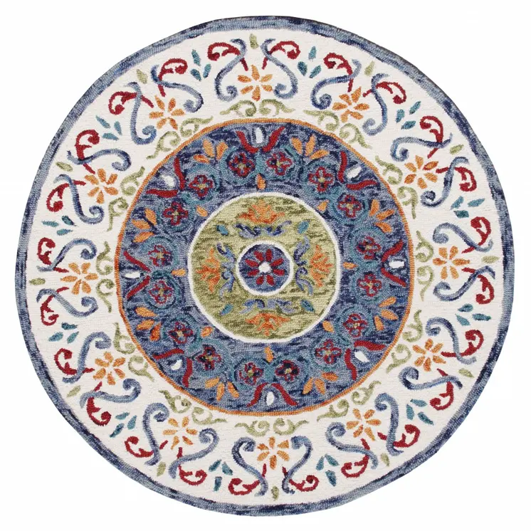 6' Blue And White Round Wool Hand Tufted Area Rug