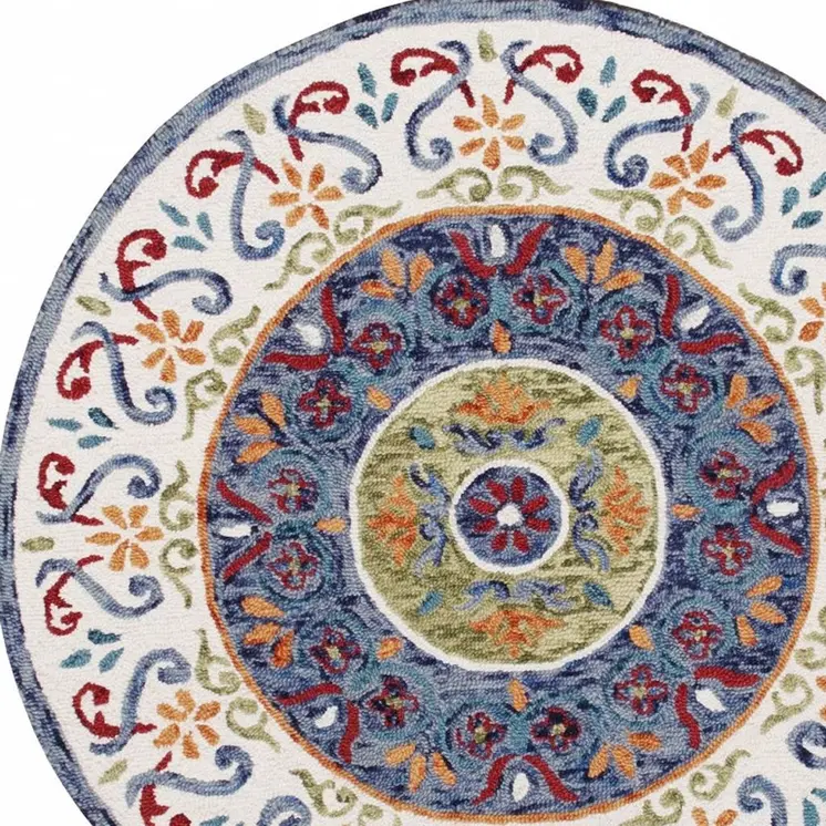 6' Blue And White Round Wool Hand Tufted Area Rug