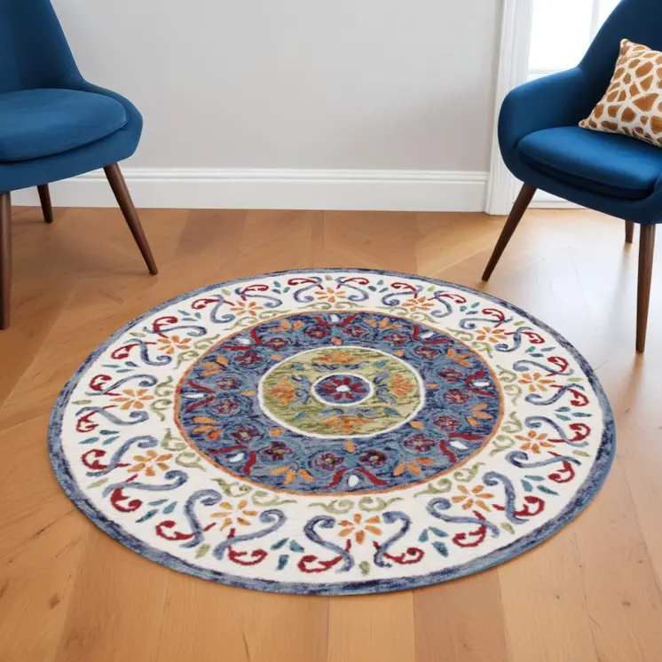 6' Blue And White Round Wool Hand Tufted Area Rug