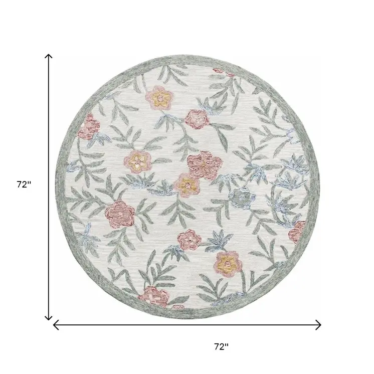 6' Ivory And Blue Round Wool Hand Hooked Handmade Area Rug